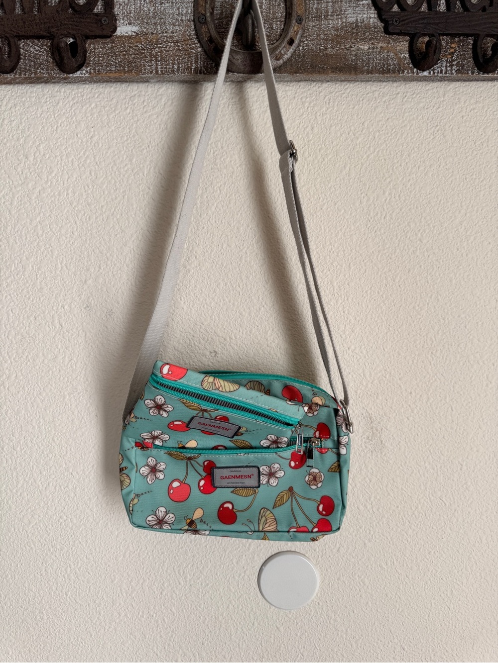 Gaenmesn Teal Cherry Print Crossbody Bag with Strap